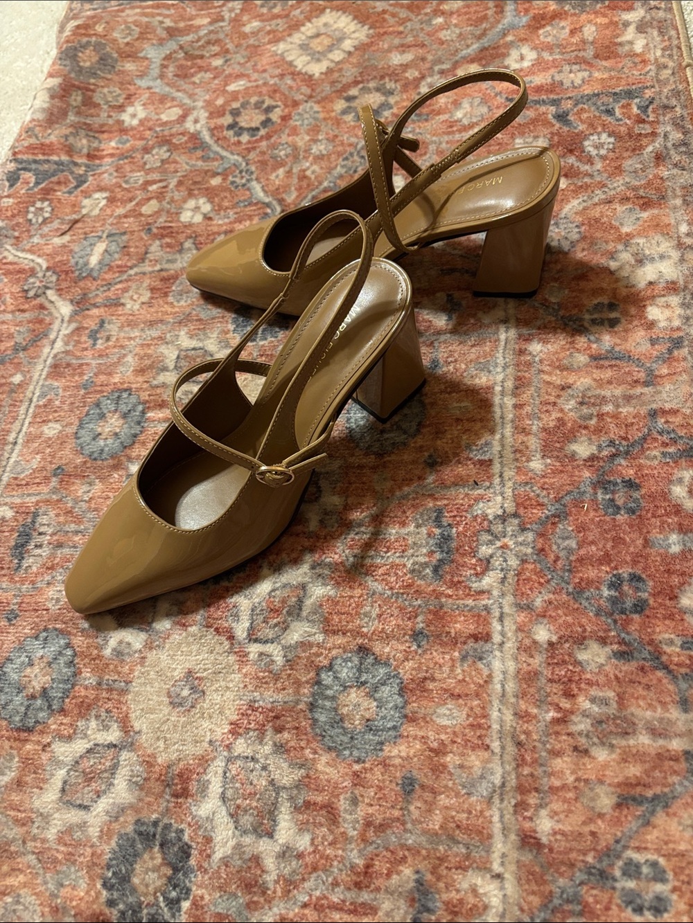 Marc Fisher Camel Patent Slingback Block Heels